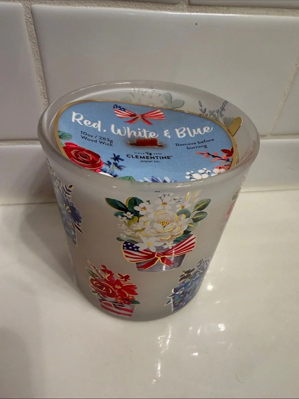 Red, White & Blue Floral Glass Candle by Clementine